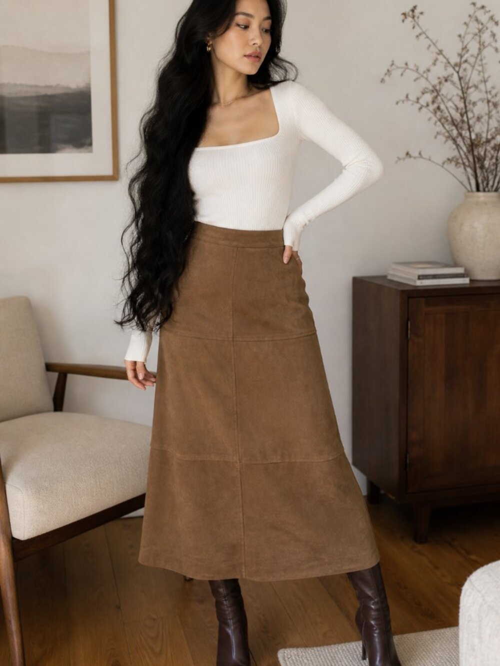 Stile By Pereli Faux Suede Midi Skirt Brown Size L NWT High Waisted Minimal Chic